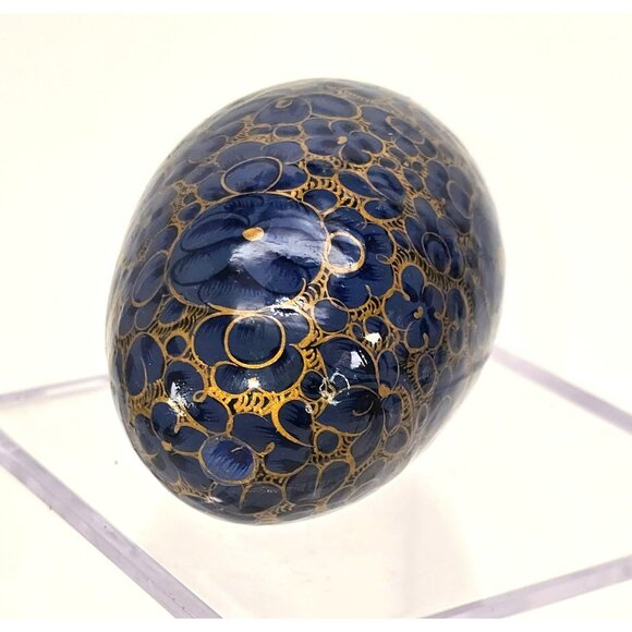 Hand-Painted Floral Wooden Egg Blue and Gold Asian Art With Black Stand je215 - Picture 6 of 12